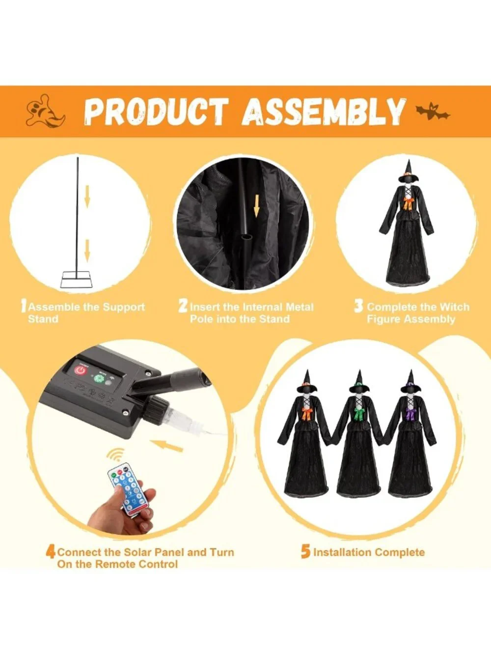 65-Inch Light-Up Witch Decoration Set of 3 - Solar-Powered Outdoor Graveyard